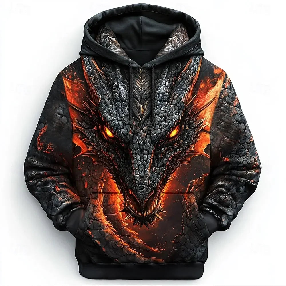 Sweatshirts com Capuz 3D Dragon para Homem, Estilo Moderno e Casual, Manga Comprida, Gola Redonda, para Festa, Férias e Streetwear, Outono/Inverno, Casaco de Fato de Treino