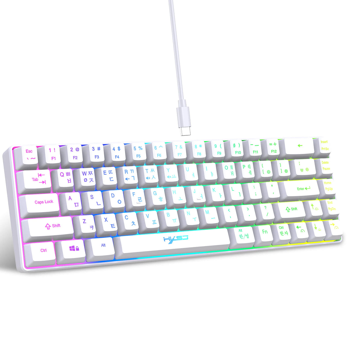 Teclado gaming de 68 teclas USB com fios portátil, retroiluminação RGB 20, teclado coreano para portáteis e computadores Windows