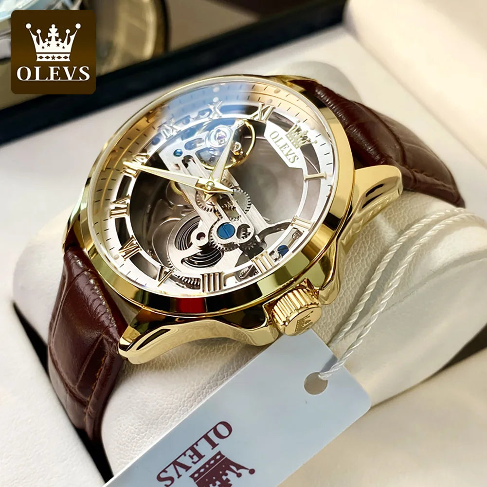 OLEVS Skeleton Automatic Mechanical Watch Men Leather Strap Luminous Waterproof Luxury Business Wristwatch For Man 6661