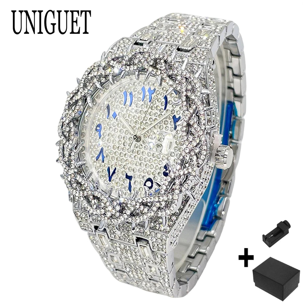 UNIGUET Luxury Full Diamond Watch For Men Fashion Hip Hop Ice Qut Bling Jewelry Quartz Wristwatch For Man Dropshipping