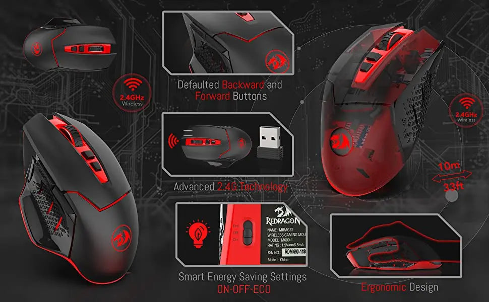 Mouse gaming wireless Redragon M690-1 2.4Ghz cu schimbare DPI, 2 butoane laterale, 2400 DPI, design ergonomic, 8 butoane - mouse negru
