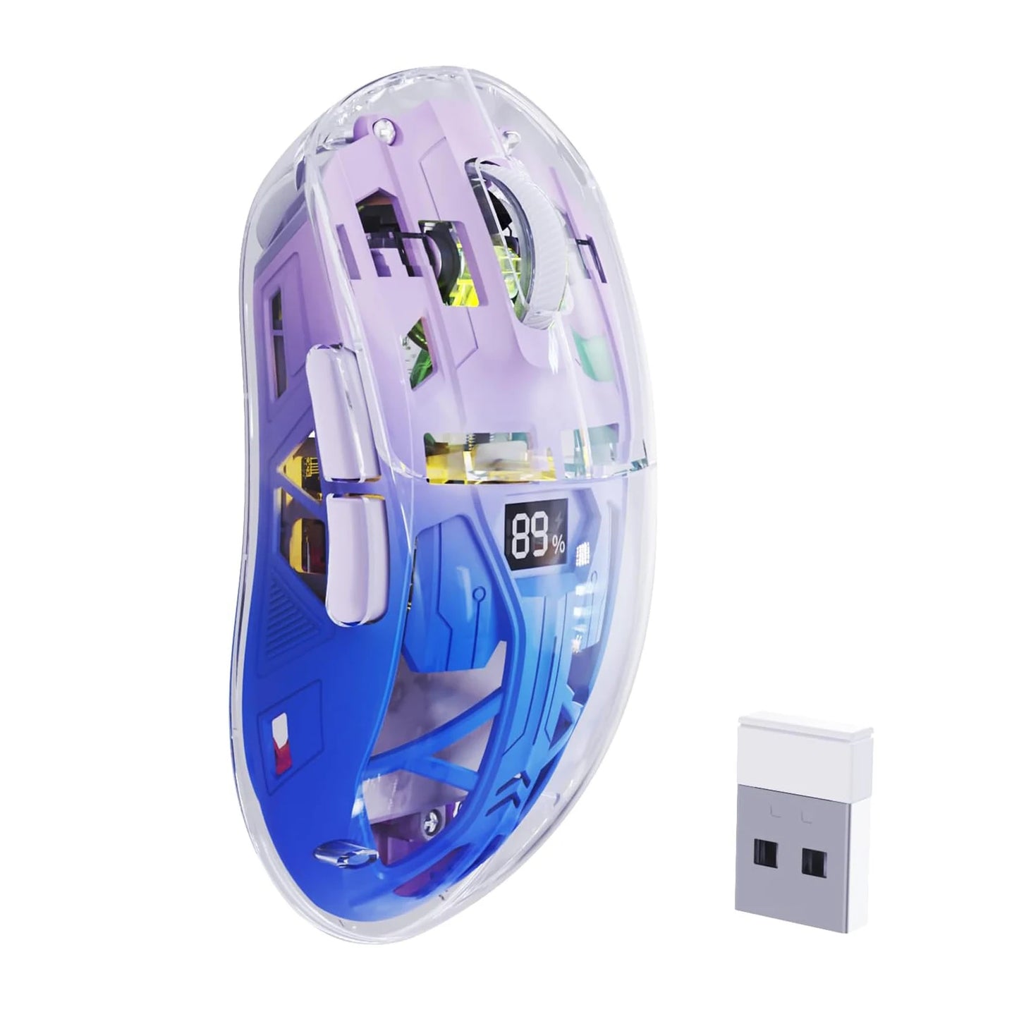 A2 transparent trådløs gamingmus, BT 5.0/2.4G genopladelig RGB-mus til PC med digital skærm, PixArt 3212, 5 justerbare DPI