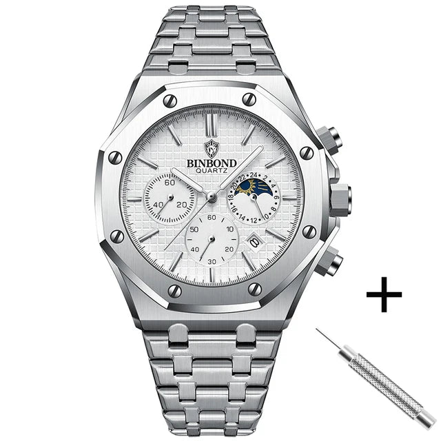 BINBOND 0161 Brand Man Quartz Watch Luxury Luminous Chronograph Wristwatch Stainless Steel Waterproof Men Date Calendar Clock