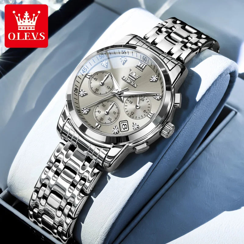 OLEVS 2858 Chronograph Quartz Wristwatches for Woman Fashion Elegant Classic Auto Date Waterproof Stainless Steel Women's Watch