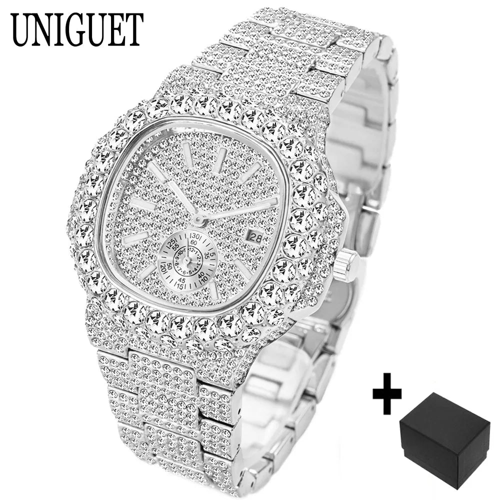 Luxury Brand Men Quartz Watch Fashion Square Hip Hop Diamond Out Sparkling Jewelry Waterproof Stainless Steel Wristwatch Man New