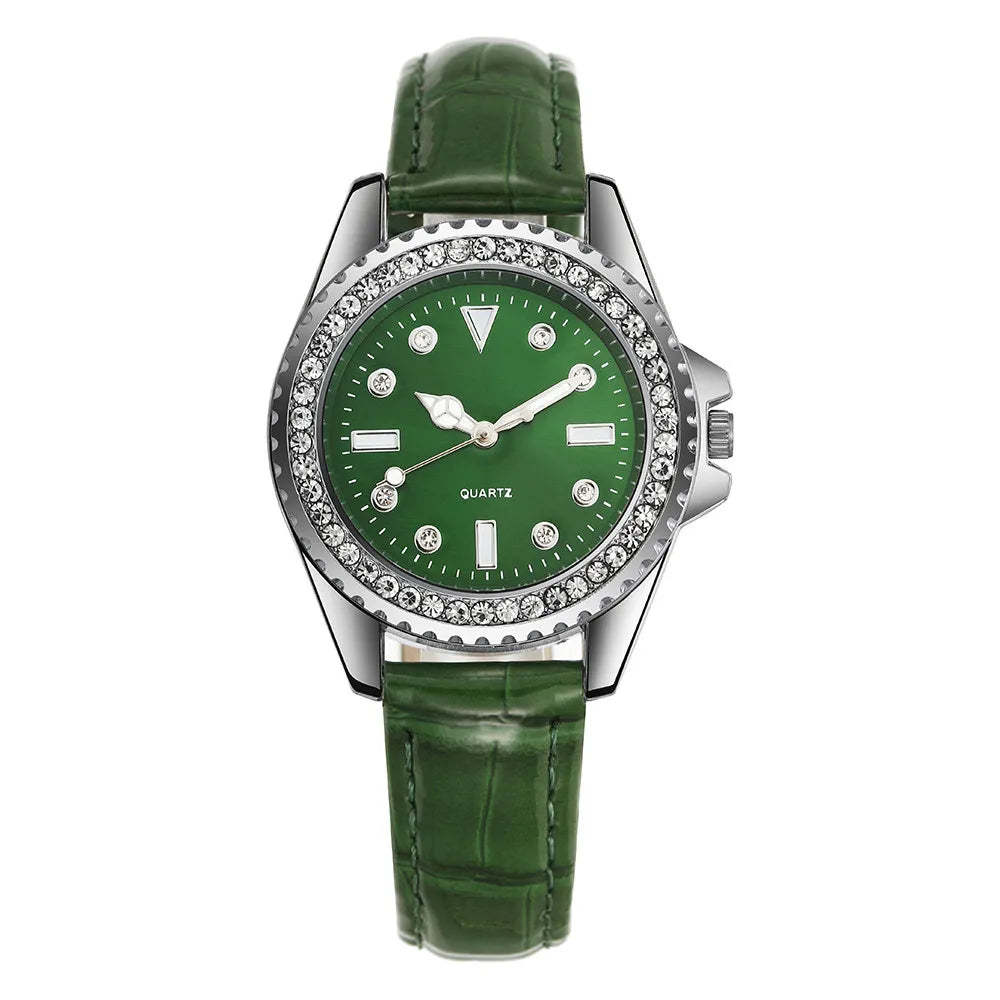 Ladies Luxury Diamond Branded Quartz Watch Fashion 2025 New Simple Green Leather Women's Dress Clock Watch DDP