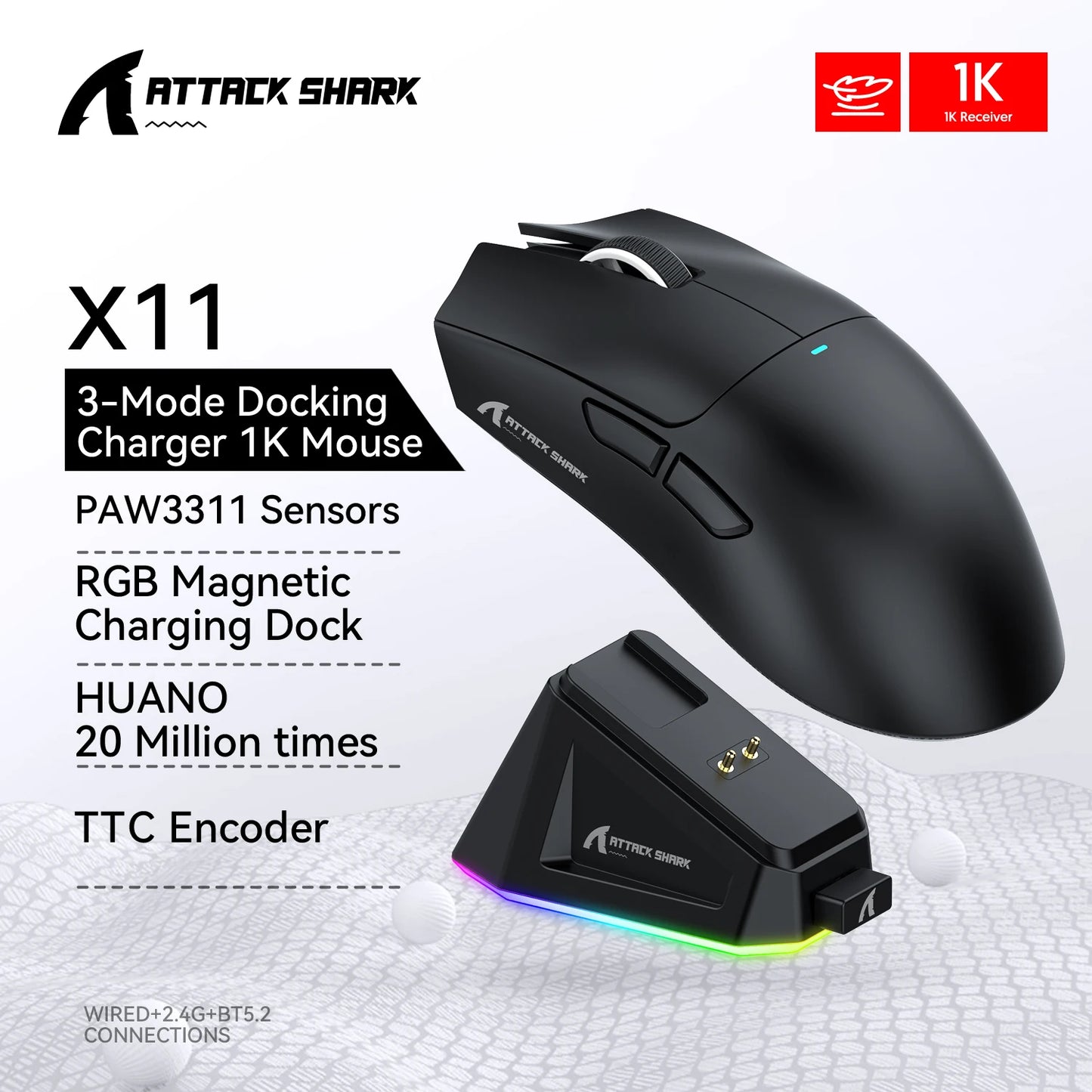 Attack Shark R1/X11 Tri-Mode Ασύρματο Gaming Ποντίκι 18K DPI PAW3311 Bluetooth/2.4GHz/Ενσύρματο Ελαφρύ Προγραμματιζόμενο για PC/Laptop