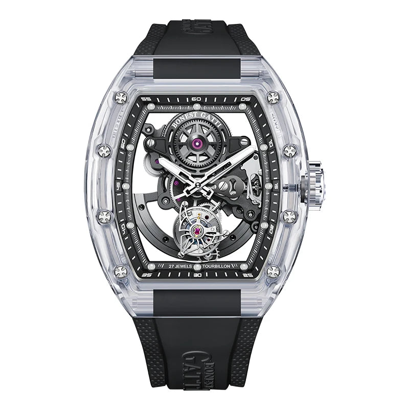 BONEST GATTI Automatic Movement Tourbillon Mechanical Wristwatch Crystal Case Luminous Watch Fluororubber Strap Watches for Men