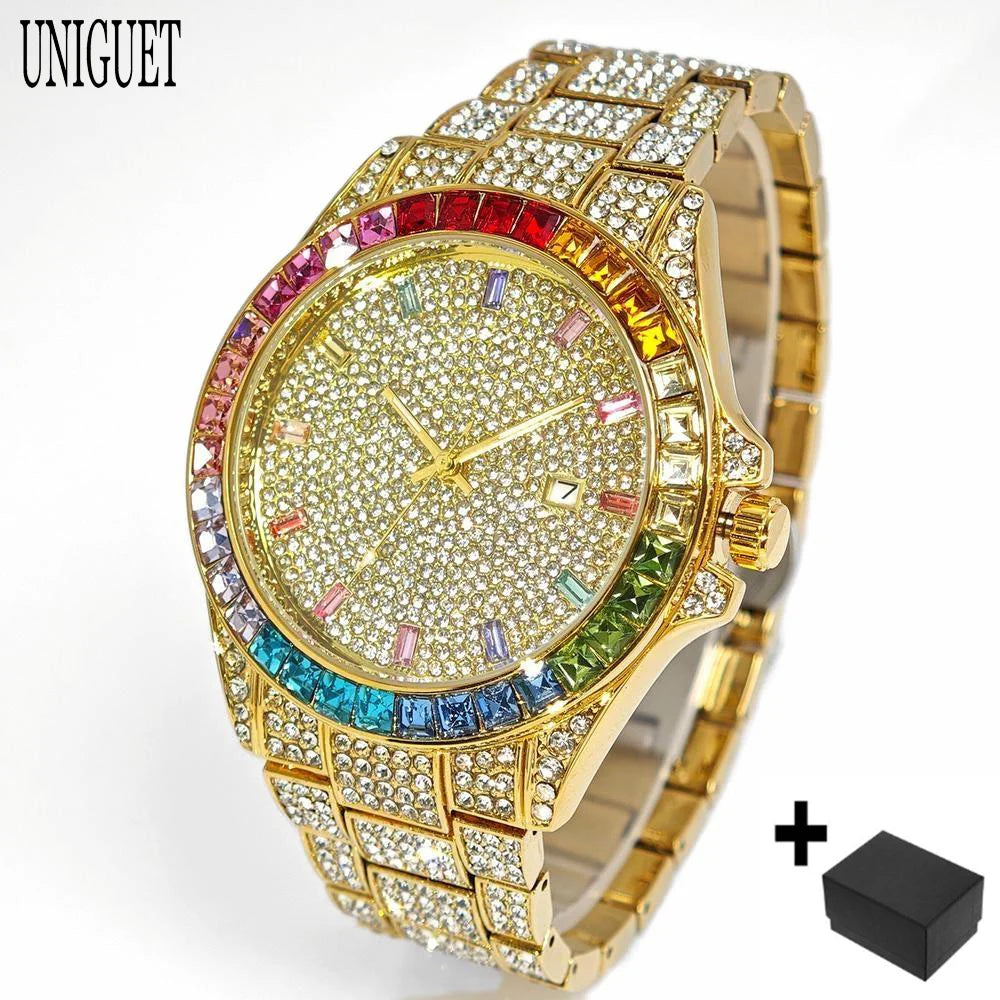 2025 Top Luxury Watch For Men Fashion Ice Diamond Hip Hop Rainbow Diamond Multifunction Man Quartz Wristwatch Gift Dropshipping