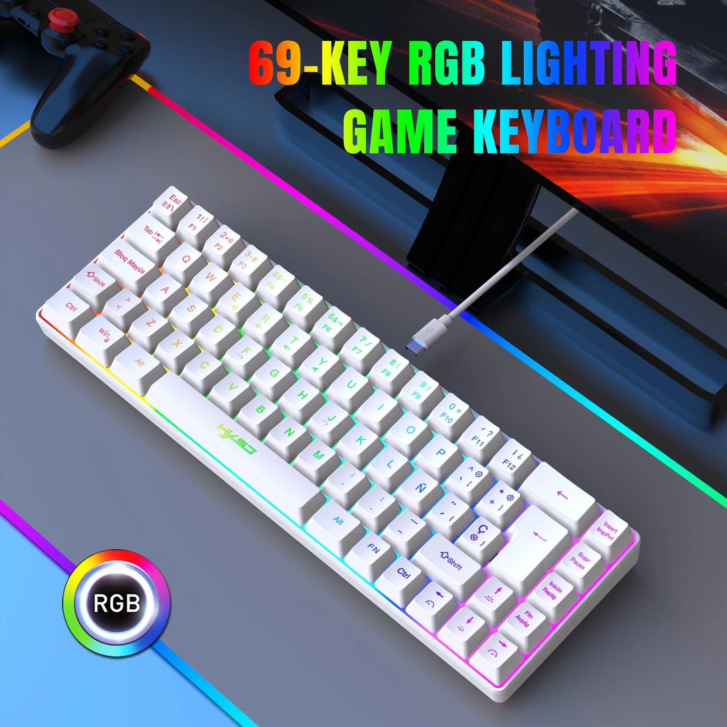 Promoção imperdível! Teclado gaming com fios espanhol de 69 teclas, retroiluminação RGB e design compacto 68%, um acessório indispensável para profissionais de escritório e gamers