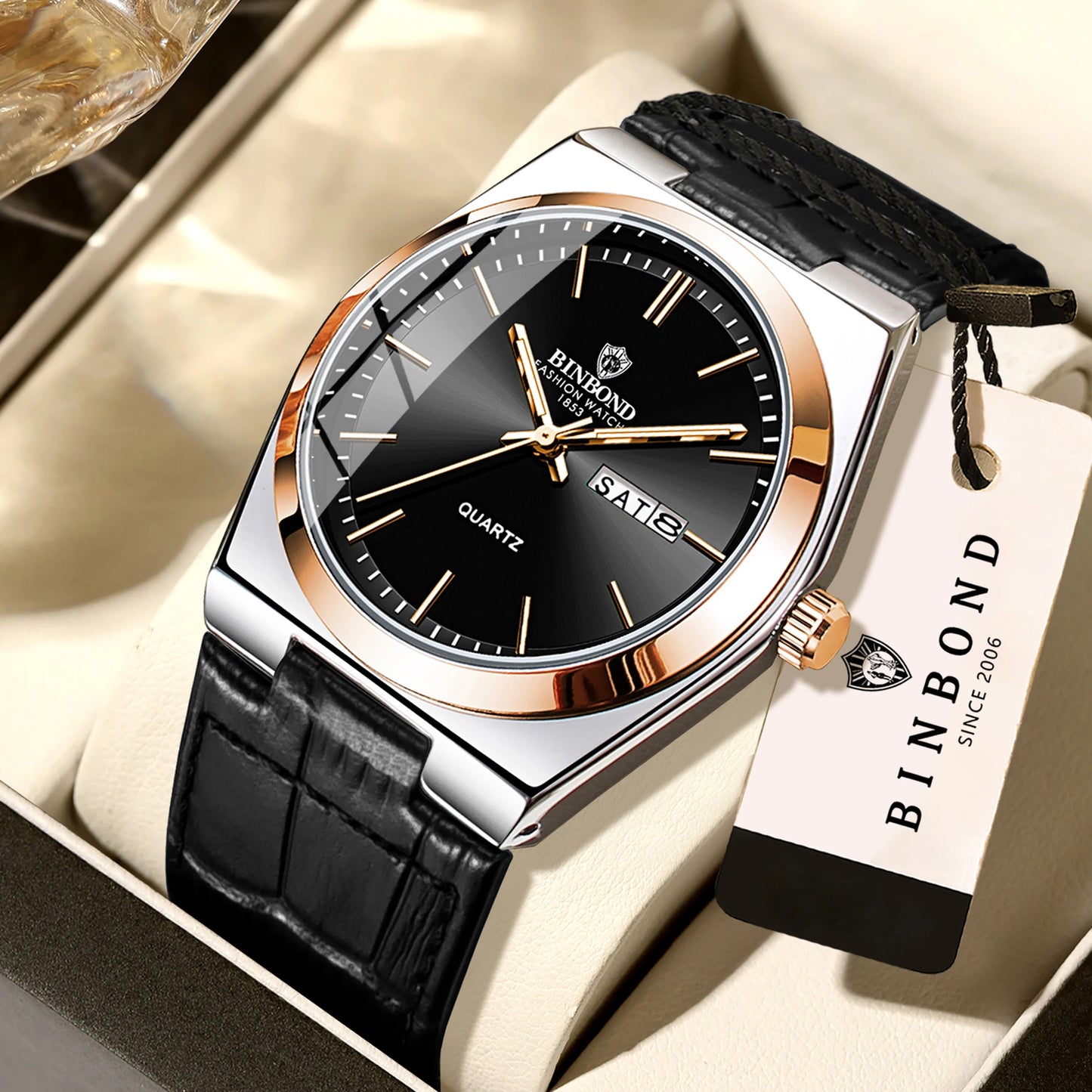 BINBOND Luxury leather strap quartz wristwatches precise luminous waterproof auto date week display durable men's watch reloj