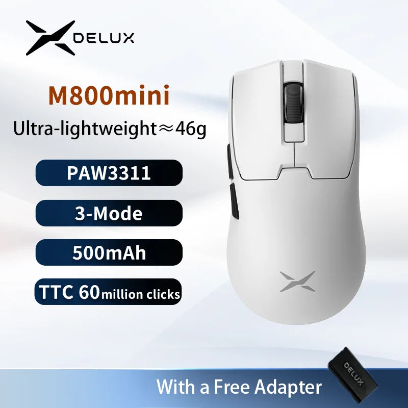 Delux M800mini vezeték nélküli gaming egér, 46g könnyű kivitel, PAW3395/PAW3311, 1KHz lekérdezési frekvencia kis és közepes kezű PC-játékosoknak