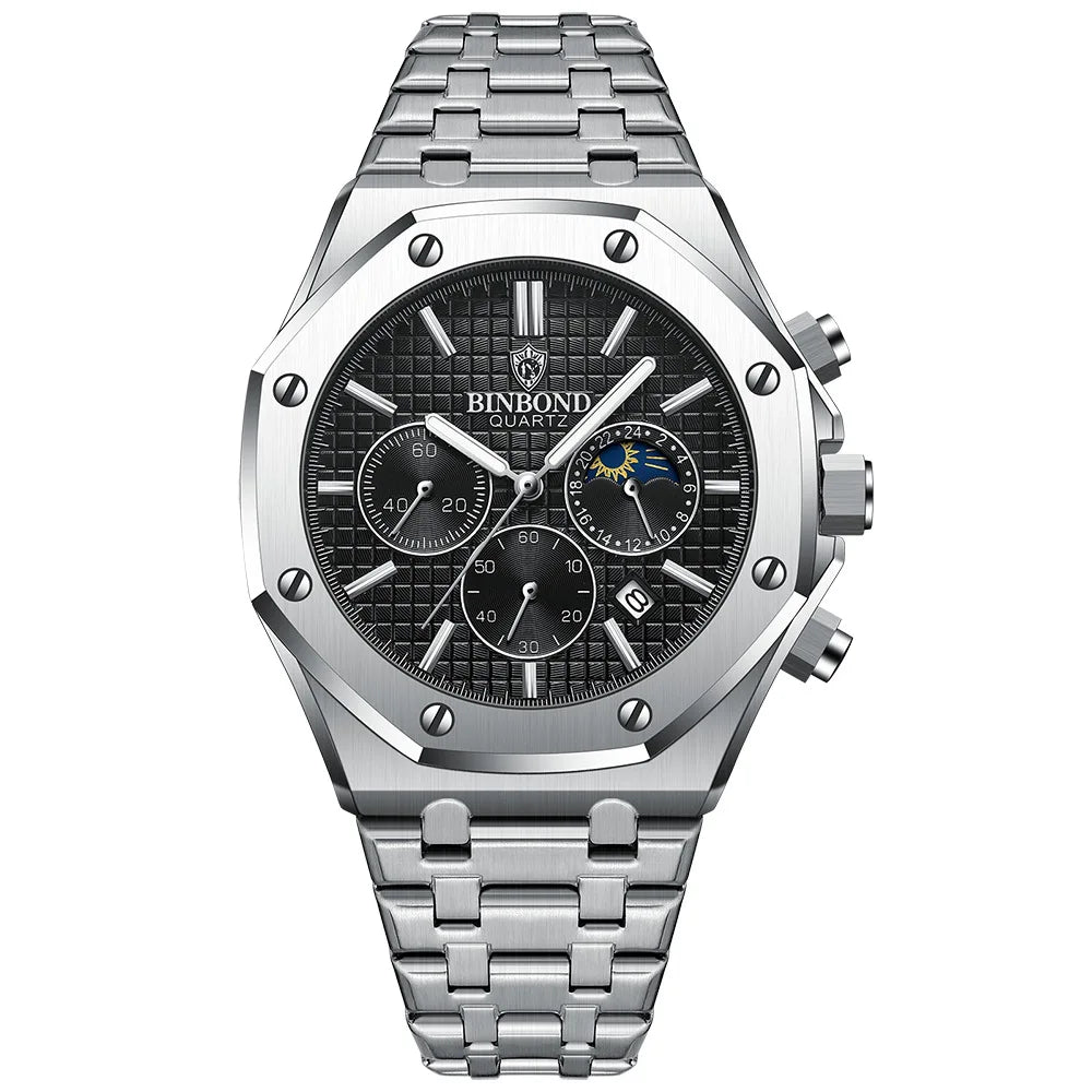 BINBONG B0161 Top Brand Man Business Quartz Watch Chronograph Wristwatch Stainless Steel Strap 30M Waterproof Luxury Men Watch