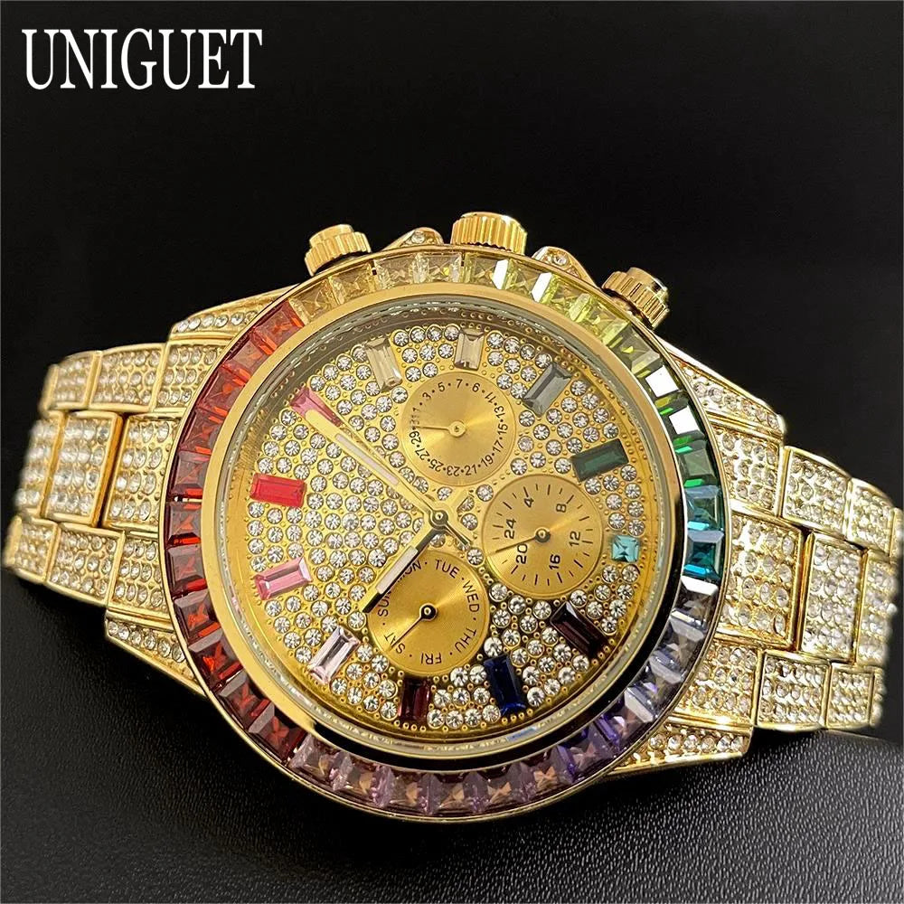 Hot Fashion Green Watches Men Brand UNIGUET Luxury Stainless Steel Hip Hop Rainbow Diamond Quartz Wristwatch Male Dropshipping 