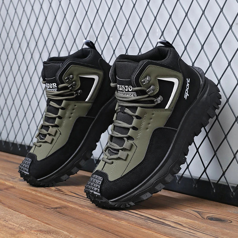 Black And Tan Mid Top Hiking Boots Suede And Leather Platform Sneakers Non Slip Outdoor Casual Shoes With Rugged Sole For All