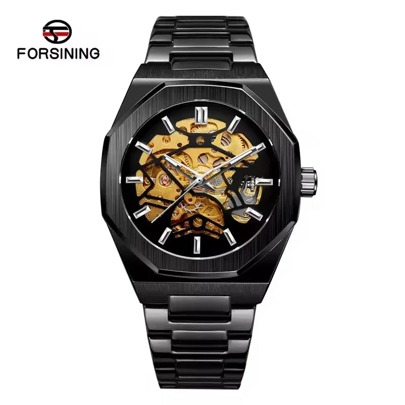FORSINING 344D Top Brand Luxury Skeleton Automatic Mechanical Men's Watch Hollow Design Luminous Stainless Steel Strap Clock Men