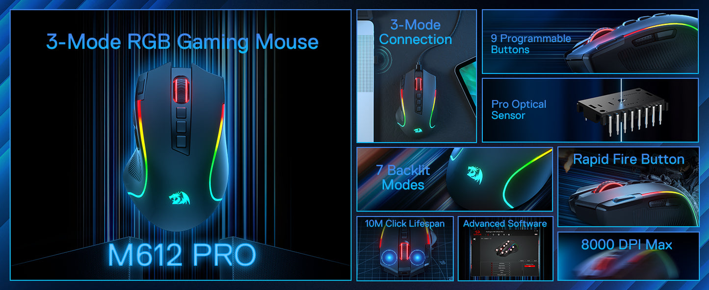 Redragon M612 PRO BT & 2.4RGB gaming miška, 8000 DPI, žična/brezžična optična gaming miška, 11 programabilnih gumbov in 6 načinov osvetlitve ozadja
