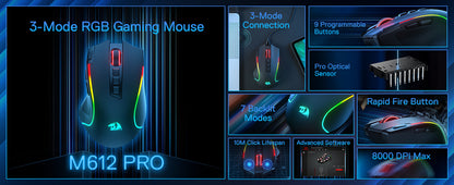 Redragon M612 PRO BT & 2.4RGB gaming miška, 8000 DPI, žična/brezžična optična gaming miška, 11 programabilnih gumbov in 6 načinov osvetlitve ozadja
