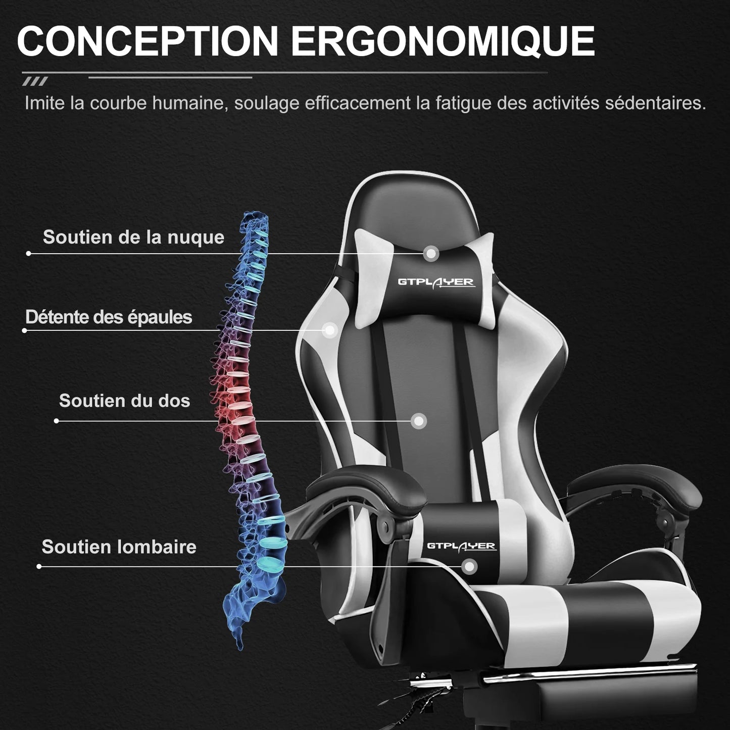 GTPLAYER Gaming chair with massage Lumin cushion & footrest, Ergonomic office chair with padded seat, swivel chair up to 150 kg