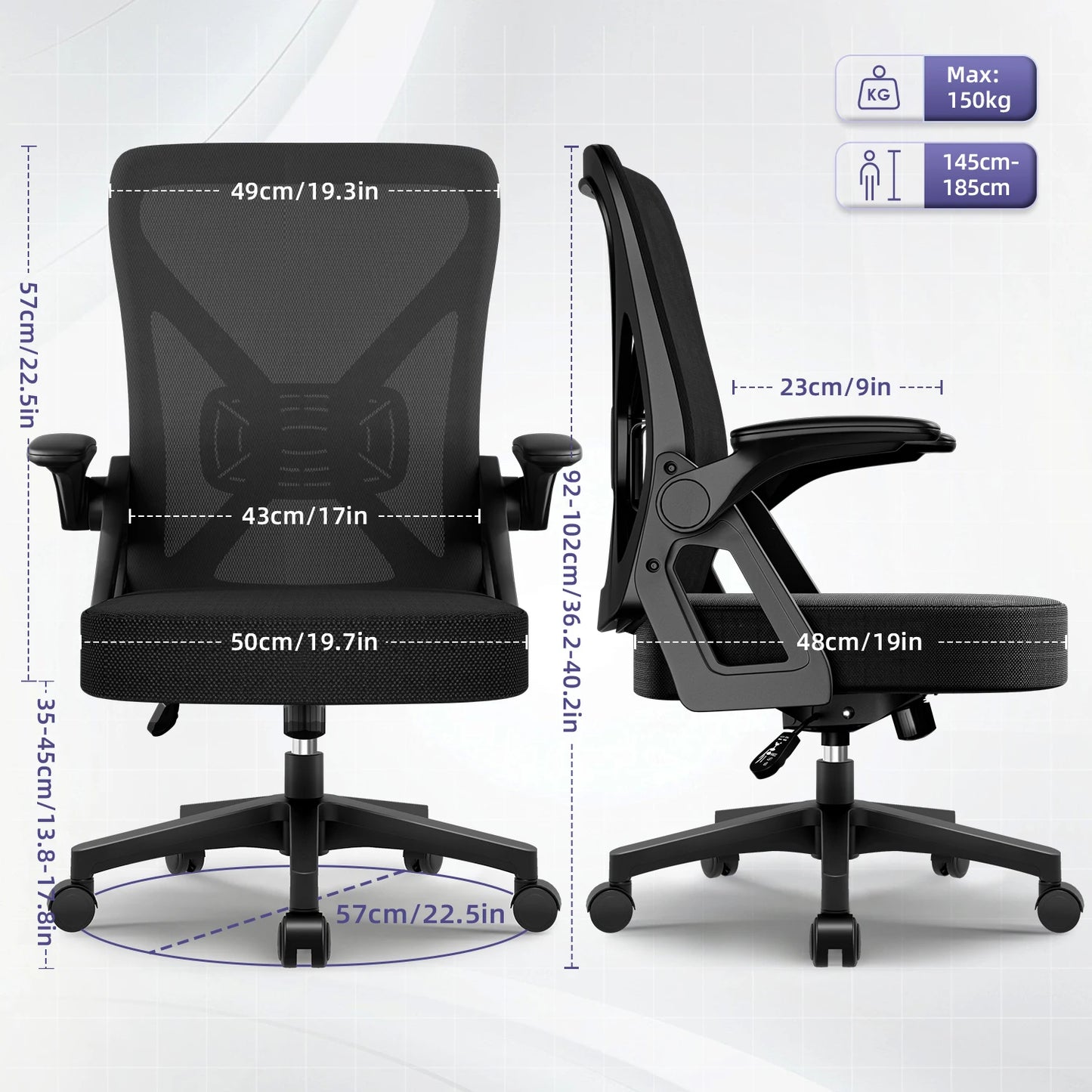 Hiazurm Ergonomic Office Chair, with Adjustable Lumbar Support, 90° Foldable Armrests & Rocking Function, 150kg Capacity