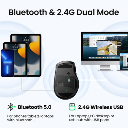 UGREEN belaidė pelė Bluetooth5.0, ergonomiška 4000DPI pelė su 6 tyliais mygtukais, skirta MacBook, planšetėms, nešiojamiesiems kompiuteriams, kompiuteriams ir PC, 2.4G pelė