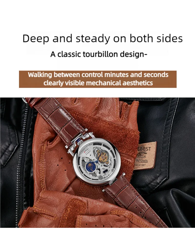 DIFFUL Luxury Big Skeleton Dial Moon Phases Tourbillon Hollowed Mechanical Men Wristwatch Watch With Leather Band