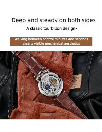 DIFFUL Luxury Big Skeleton Dial Moon Phases Tourbillon Hollowed Mechanical Men Wristwatch Watch With Leather Band