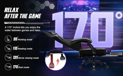Portreen Gaming chair with footrest, ergonomic gaming chair, gaming armchair with adjustable lumbar cushion and headrest, height-adjustable swivel, rocking function up to 170°, gaming chair for up to 150 kg, black, perfect f