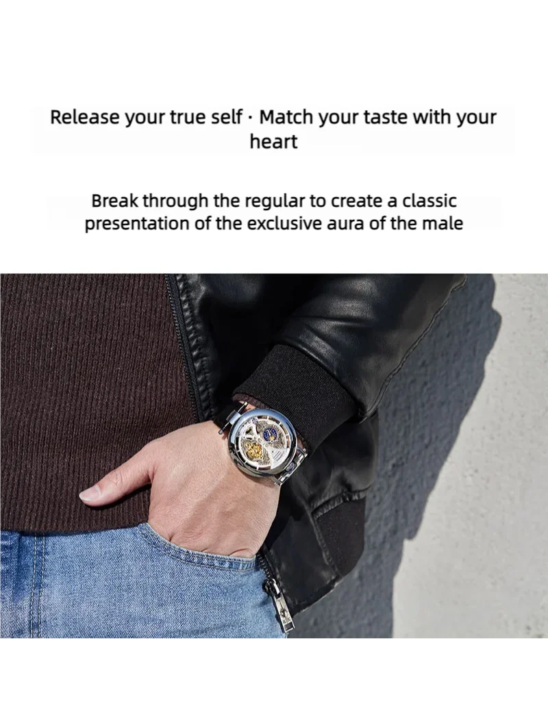 DIFFUL Luxury Big Skeleton Dial Moon Phases Tourbillon Hollowed Mechanical Men Wristwatch Watch With Leather Band