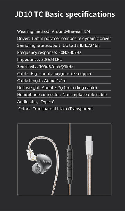 FiiO JD10 3.5mm / Type-C Wired In-Ear Earphone Hi-Res Audio HIFI Bass Stereo Music Earbuds Sport Gaming Headset