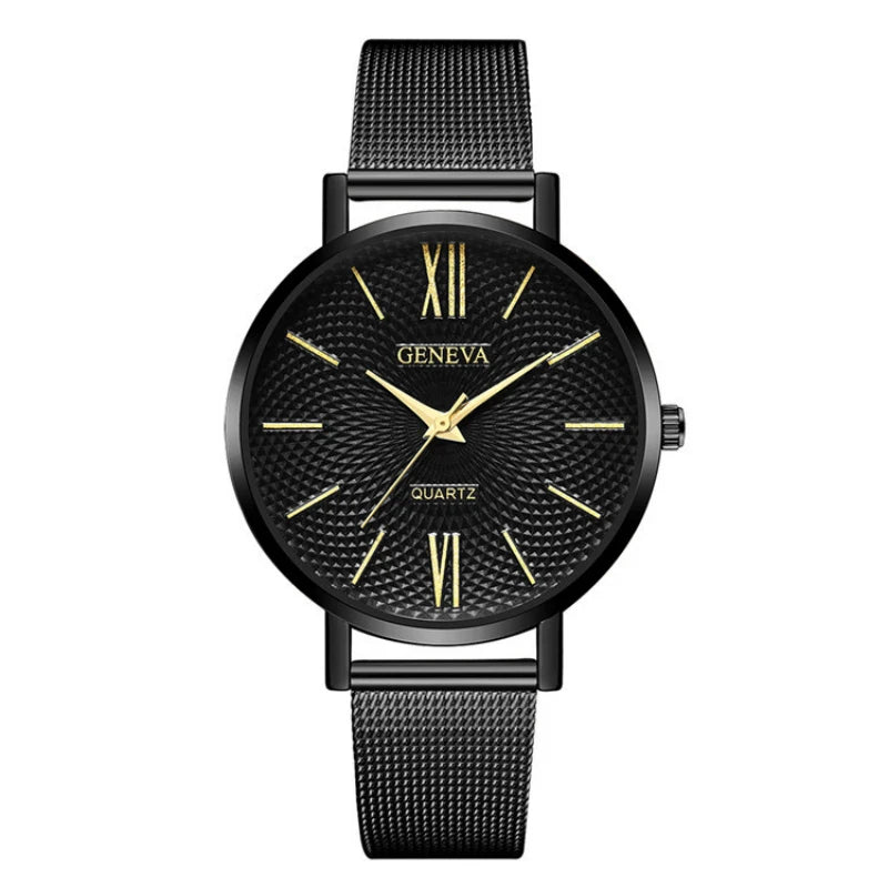 2021 New Geneva Watch Women Black Watches Stainless Steel Mesh Band Quartz Wristwatches Casual Ladies Watches Cheap Price