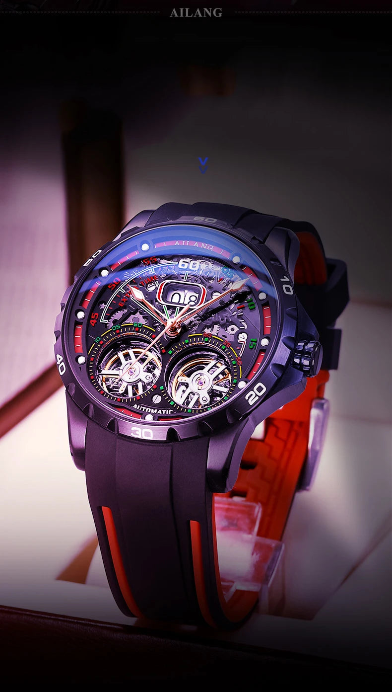 AILANG Super Cool Double Tourbillon Automatic Mechanical Watch Men Luxury Brand Luminous Waterproof Watches Men's Reloj Hombre