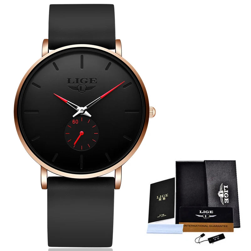 LIGE férfi karóra – Sportos és divatos stílus, luxusmárka, vízálló, letisztult és ultravékony kialakítás, férfi kvarc karóra.