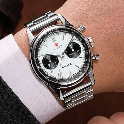 Red Star Panda Mens 1963 Chronograph Mechanical Wristwatch Seagull st1901 Movement Gooseneck 40mm Luminous Sapphire Pilot Watch