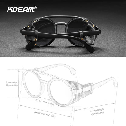 KDEAM Vintage Round Sunglasses Men Women Leather Shield Sun Glasses  Twin Bridge Designed Shade KD179