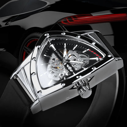 Relógio automático para homem WINNER, design esqueleto triangular, ponteiros luminescentes, bracelete em borracha, estilo militar, relógio mecânico de luxo