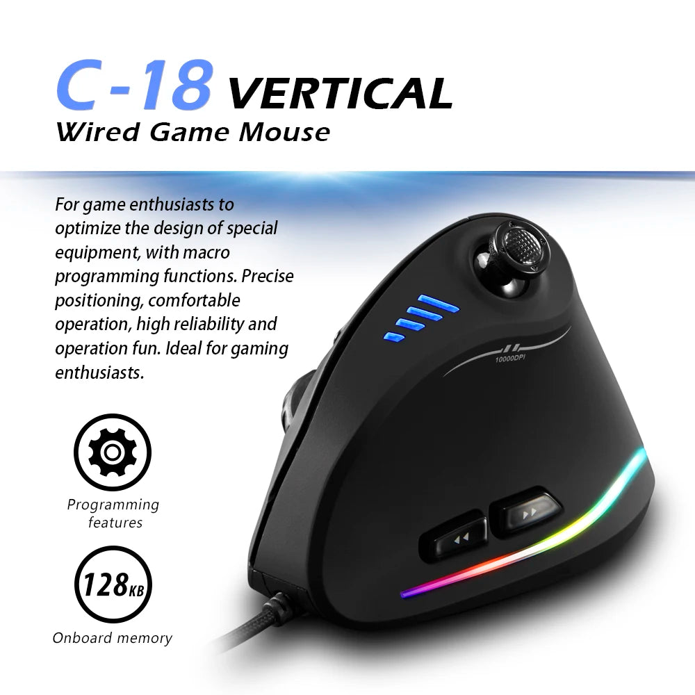 Zelotes C-18 Wired Gaming Mouse 11 Programmable Buttons 10000 DPI Laser Engine RGB Light Belt 128KB Vertical Mouse for Laptop PC