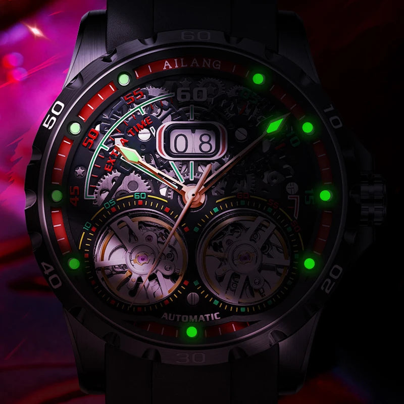 AILANG Super Cool Double Tourbillon Automatic Mechanical Watch Men Luxury Brand Luminous Waterproof Watches Men's Reloj Hombre