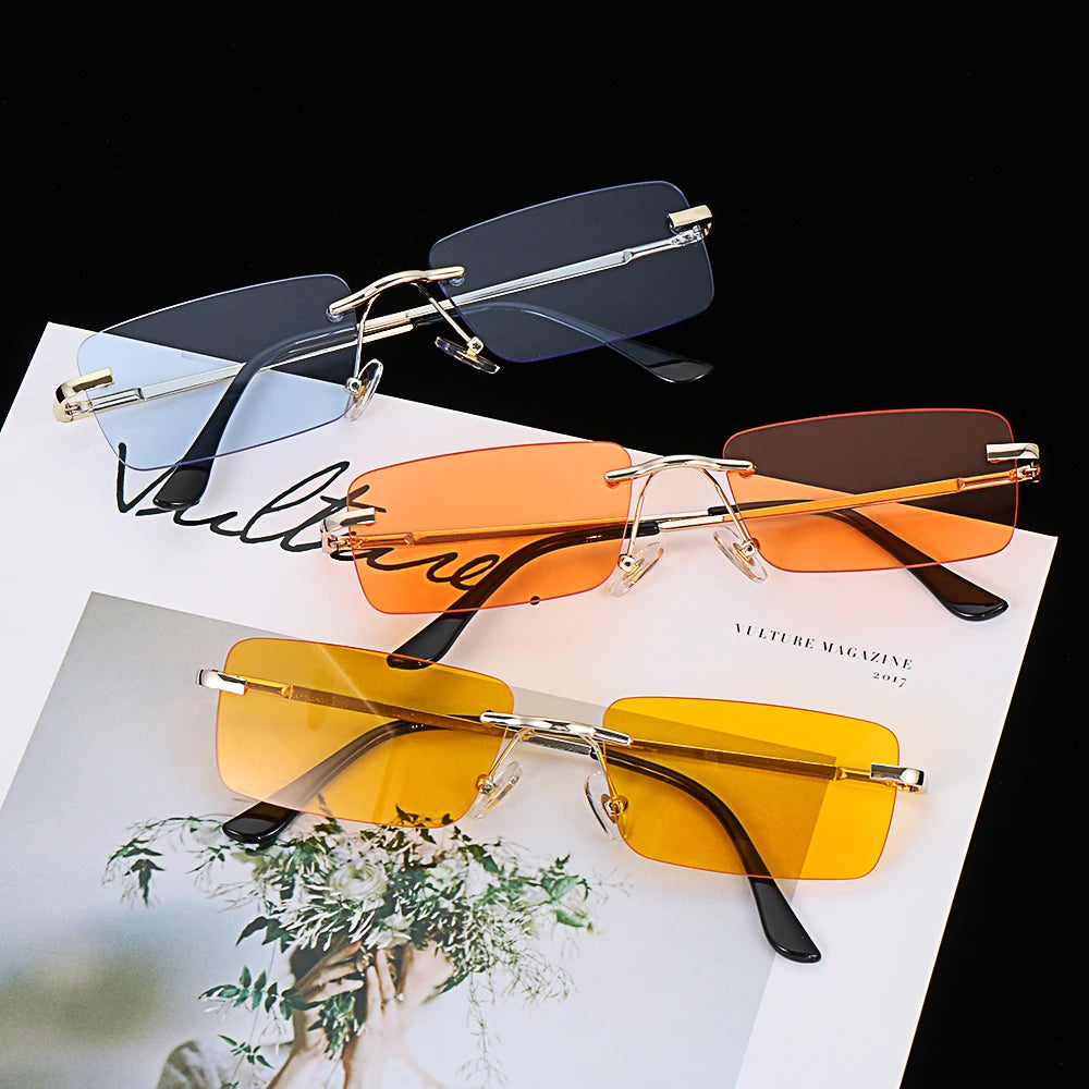 1PC Trendy Fashion Rimless Small Rectangle Sunglasses Women Men 2023 Shades Alloy Metal Glasses Traveling Style UV400 Eyewear