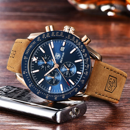 Relógios de luxo para homem BENYAR – Relógios de pulso de quartzo com bracelete em pele, resistentes à água até 30 m, estilo desportivo.