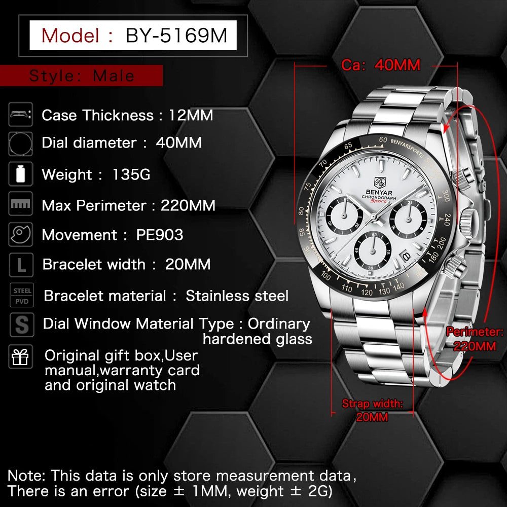 Relojes Hombre 2026 BENYAR New  Watches Men Luxury Brand Chronograph Male Sport Watches Waterproof Stainless Steel Quartz  Watch