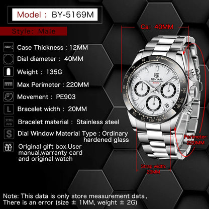 Relojes Hombre 2026 BENYAR New  Watches Men Luxury Brand Chronograph Male Sport Watches Waterproof Stainless Steel Quartz  Watch