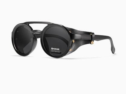 KDEAM Vintage Round Sunglasses Men Women Leather Shield Sun Glasses  Twin Bridge Designed Shade KD179