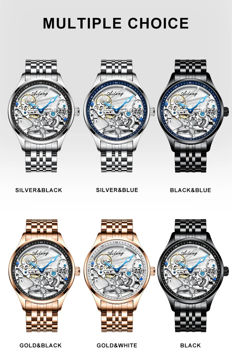 AILANG Skeleton Mechanical Mens Watches Top Brand Luxury Steampunk Transparent Hollow Automatic Watch Relogio Masculino 8625
