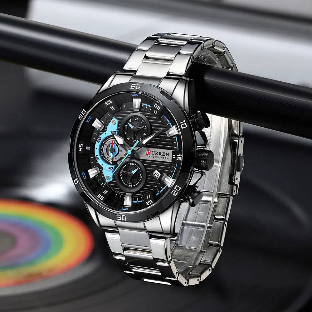 Herrenuhr CURREN – Sportlicher Luxus-Chronograph, Quarzwerk, komplett aus Edelstahl, wasserdicht