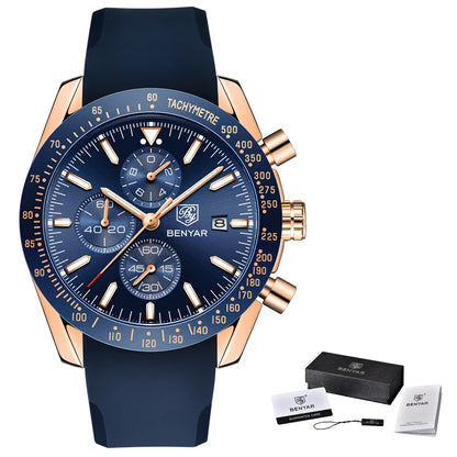 Relógios de luxo para homem BENYAR – Relógios de pulso de quartzo com bracelete em pele, resistentes à água até 30 m, estilo desportivo.
