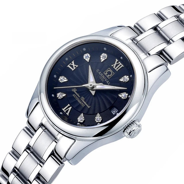 Montre-bracelet mécanique pour femme de la marque CARNIVAL – Modèle élégant, mouvement automatique, verre saphir, étanche.