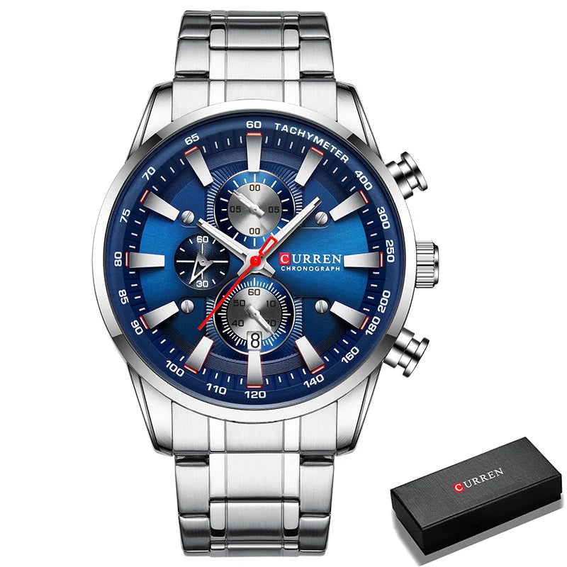 Curren Men's Watch Top Luxury Brand Big Dial Blue Quartz Men Watches Chronograph Sport Wristwatch Man Stainless Steel Date Clock