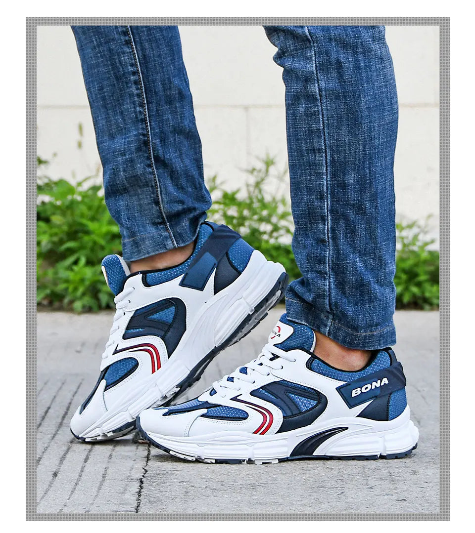 BONA New Designers Action Leather Mesh Men Running Shoes Sneakers Trainers Lightweight Antiskid Outdoor Walking Shoes Man
