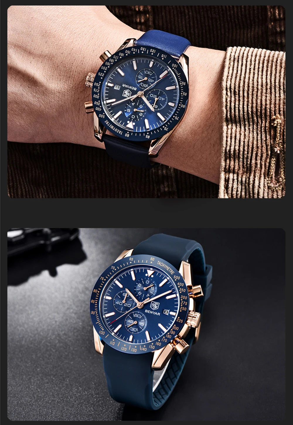 Relógios de luxo para homem BENYAR – Relógios de pulso de quartzo com bracelete em pele, resistentes à água até 30 m, estilo desportivo.